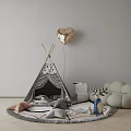 Teepee Tent In Kids Play Area With Heart Balloon Stuffed Toys And Sofa Rug
