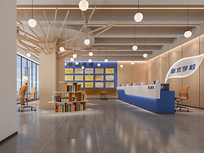 Tanzhou College Bright Reception Area With Blue Desk Display Boards Bookshelves And Pendant Lights 3d model