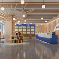Tanzhou College Bright Reception Area With Blue Desk Display Boards Bookshelves And Pendant Lights