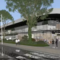 Modern Commercial Street With Glass Facade Trees Pedestrians And Evening Lights