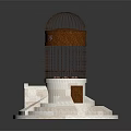 Bird in Rustic Brown Metal Birdcage on White Pedestal with Steps and Panel