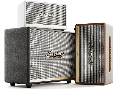 Three Marshall Speakers With Different Designs And Black White Brown Colors 3d model