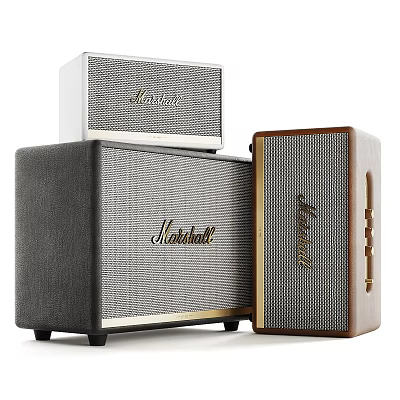 Three Marshall Speakers With Different Designs And Black White Brown Colors 3d model