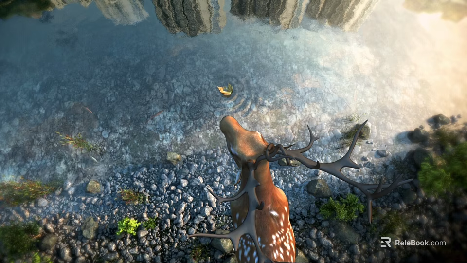 Majestic Reptile Lying On Stone Bank Near Calm Water And Green Foliage 3d model 