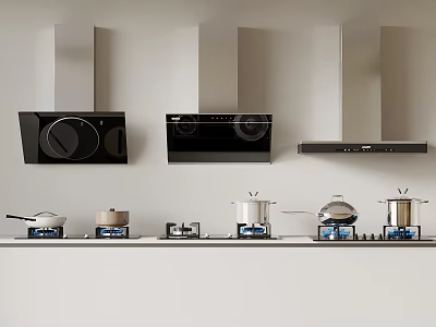 Kitchen Stovetop Setup With Black Range Hoods And Various Pots On Light Wall 3d model