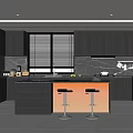Modern Kitchen Interior With Dark Cabinets Island Bar Stools And Marble Backsplash