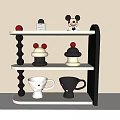 Black White Decorative Ornament Set with Mickey Mouse Figurine Red Balls Mugs on Shelf