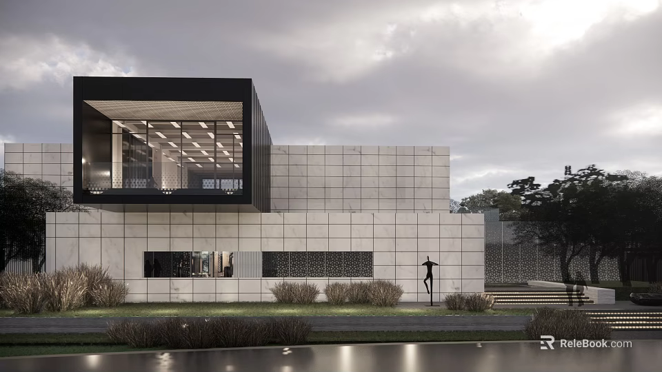 Modern Sales Office Building With Glass Curtain Wall Stone Facade And Landscape Design 3d model 