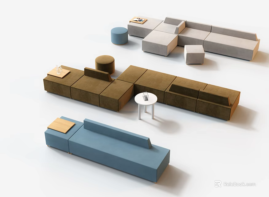 Modular Sofa Set with Various Colors and Configurations Including Stools and Small Tables 3d model