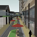 Modern Commercial Street with High Rise Buildings Retail Shops and Fountain Square