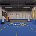 Indoor Basketball Court With Blue Floor Yellow Lines And Sports Posters 3d model