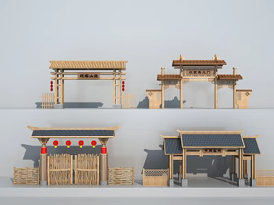 Traditional Chinese Paifang Archway With Wooden Structure Tiled Roof And Red Lanterns 3d model