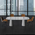 Modern White Conference Table With Orange Chairs And Large Windows In Contemporary Office