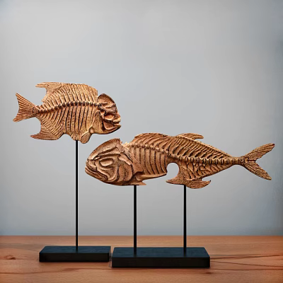 Wooden Fish Skeleton Decorative Ornament Set With Black Stands For Home Decor 3d model