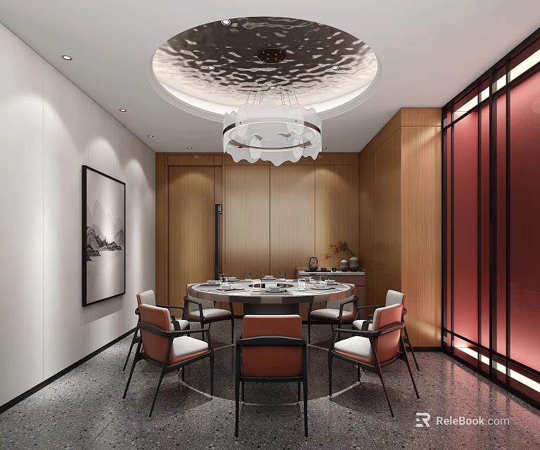 Modern Private Dining Room With Round Table Chairs Chandelier Wooden Walls And Red Decor 3d model 