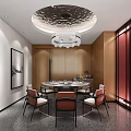 Modern Private Dining Room With Round Table Chairs Chandelier Wooden Walls And Red Decor