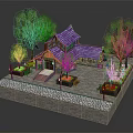 Cartoon Style Traditional Building Scene With Purple Roof Green Trees And Flower Beds