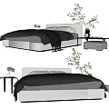 Modern Double Bed With Upholstered Headboard Soft Bedding Nightstand And Potted Plants 3d model