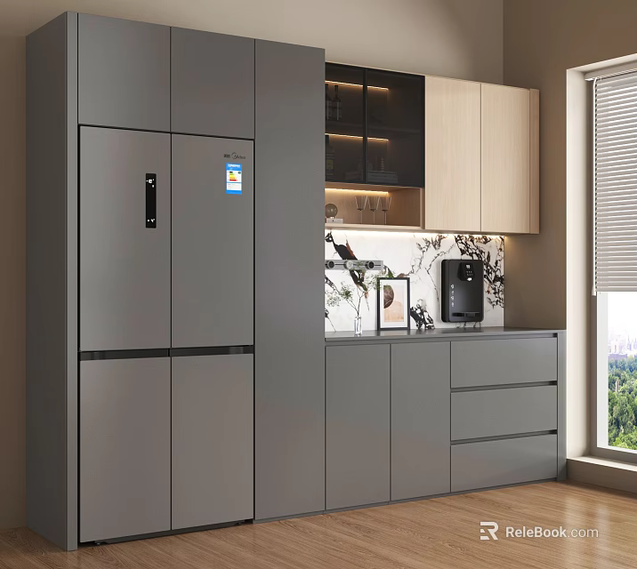Modern Kitchen Sideboard With Wooden Cabinets Drawers And Refrigerator Near Window Bright Lighting 3d model 