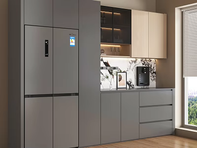 Modern Kitchen Sideboard With Wooden Cabinets Drawers And Refrigerator Near Window Bright Lighting 3d model