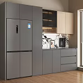 Modern Kitchen Sideboard With Wooden Cabinets Drawers And Refrigerator Near Window Bright Lighting