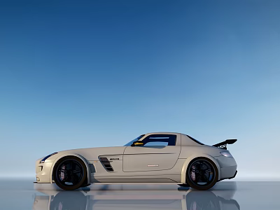 White Sports Car with Black Wheels and Rear Spoiler Against Blue Sky on Smooth Surface 3d model