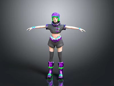 3D Character With Purple Hair Black Purple Outfit Knee Pads Boots And Blue Arm Bands 3d model