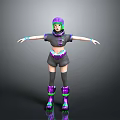 3D Character With Purple Hair Black Purple Outfit Knee Pads Boots And Blue Arm Bands