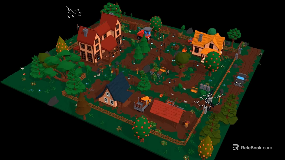 Cartoon Village Scene With Colorful Roofed Houses Trees Truck Tractor And Bonfire 3d model 
