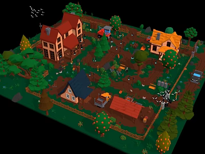 Cartoon Village Scene With Colorful Roofed Houses Trees Truck Tractor And Bonfire 3d model