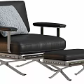 Modern Leisure Chairs with Black Leather and Gray Fabric Metal Frame Armrests and Ottoman