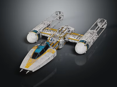 Detailed Sci Fi Spaceship Model With Yellow White Body Blue Cockpit And Wings 3d model