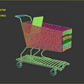 Blue Shopping Cart With Mesh Basket And White Wheels On Dark Background