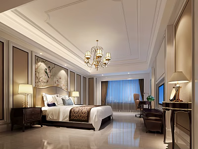 Elegant Hotel Room Interior With King Bed Chandelier Nightstands And Table Lamps 3d model