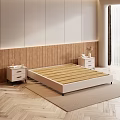 Modern Double Bed Bedroom Interior With Wooden Headboard White Nightstands Gray Blanket And Pillows