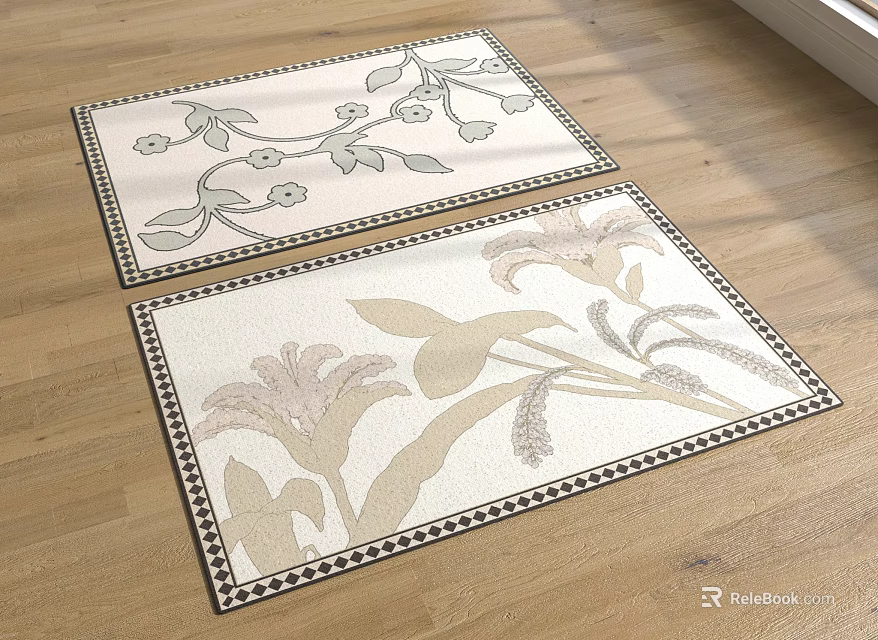 Two Square Rugs With Floral Patterns On Wooden Floor Interior Design 3d model