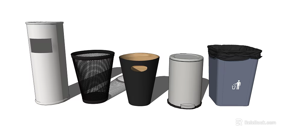 Public Facility Trash Bins In Various Styles Including Mesh And Covered Types 3d model