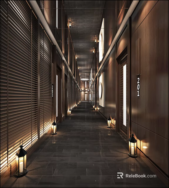 Elegant Modern Elevator Hallway Interior With Wooden Panel Walls And Recessed Lighting 3d model 