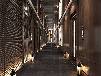 Elegant Modern Elevator Hallway Interior With Wooden Panel Walls And Recessed Lighting 3d model