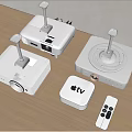 Professional Projection Monitoring Setup with Multiple Projectors Apple TV and Remote Control on Wooden Table