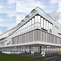 Modern Commercial Complex With Glass Facade Retail Stores Outdoor Plaza Fountain And Greenery