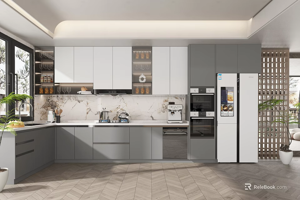 Modern Kitchen Interior Design With Gray White Cabinets Marble Countertop And Herringbone Floor 3d model 