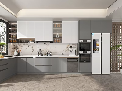 Modern Kitchen Interior Design With Gray White Cabinets Marble Countertop And Herringbone Floor 3d model