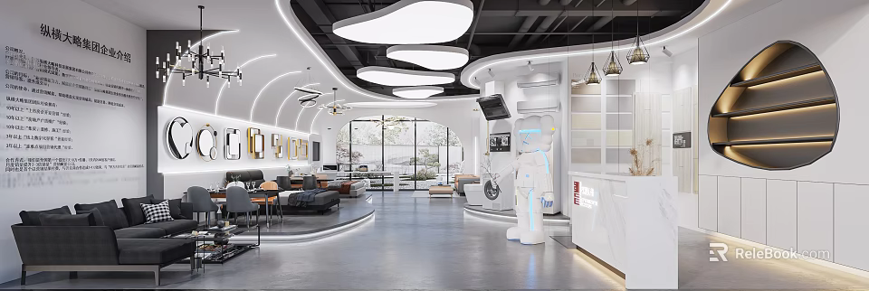 Modern Exhibition Hall Interior With Smart Robot Sofa Area Ceiling Lights And Large Windows 3d model