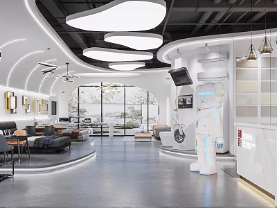 Modern Exhibition Hall Interior With Smart Robot Sofa Area Ceiling Lights And Large Windows 3d model