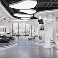 Modern Exhibition Hall Interior With Smart Robot Sofa Area Ceiling Lights And Large Windows 3d model