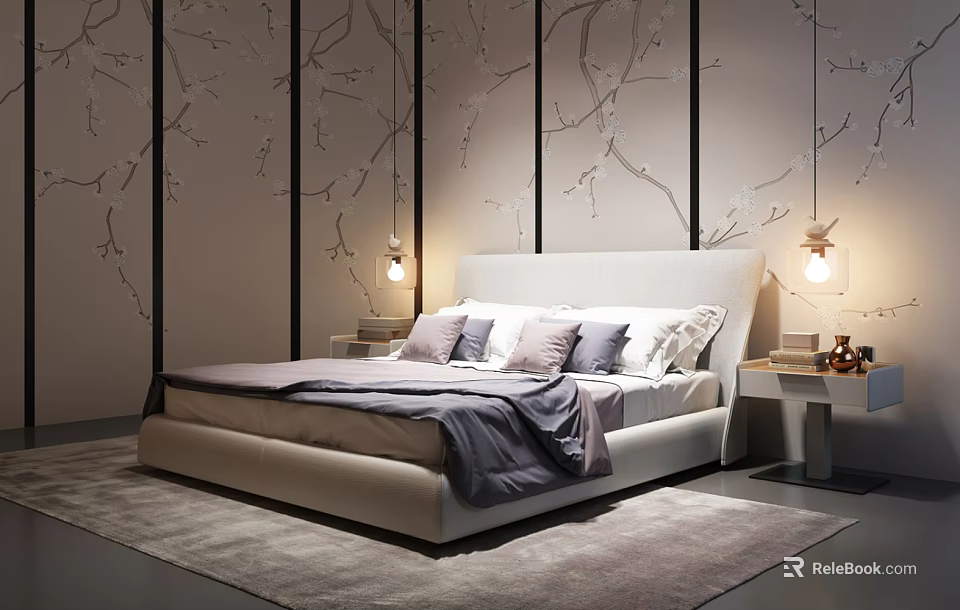 Stylish Double Bed In Background With Branch Pattern Wall And Bedside Lamps 3d model