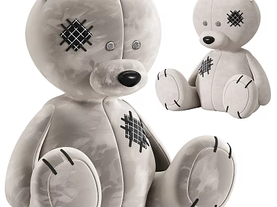 Gray Plush Teddy Bear Doll With Patched Details And Visible Stitching Design 3d model