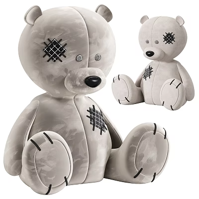 Gray Plush Teddy Bear Doll With Patched Details And Visible Stitching Design 3d model