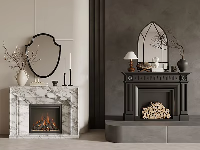 Two Fireplaces Interior Design Featuring White Marble Flames And Black Wood Logs 3d model